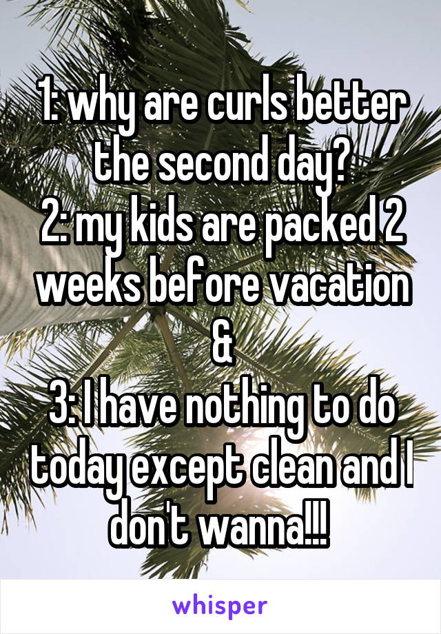 1: why are curls better the second day?
2: my kids are packed 2 weeks before vacation
&
3: I have nothing to do today except clean and I don't wanna!!! 