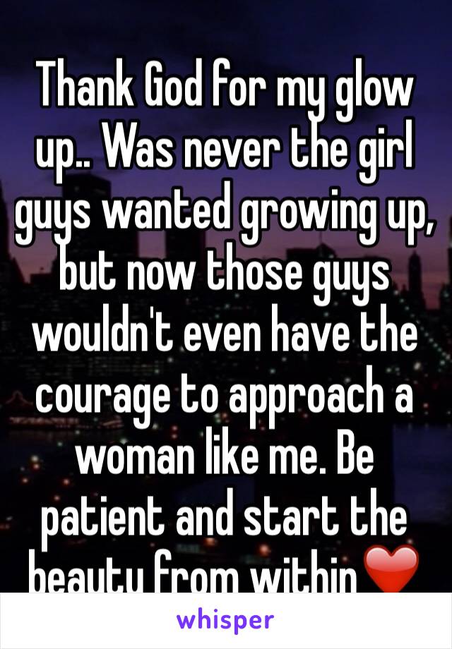 Thank God for my glow up.. Was never the girl guys wanted growing up, but now those guys wouldn't even have the courage to approach a woman like me. Be patient and start the beauty from within❤️