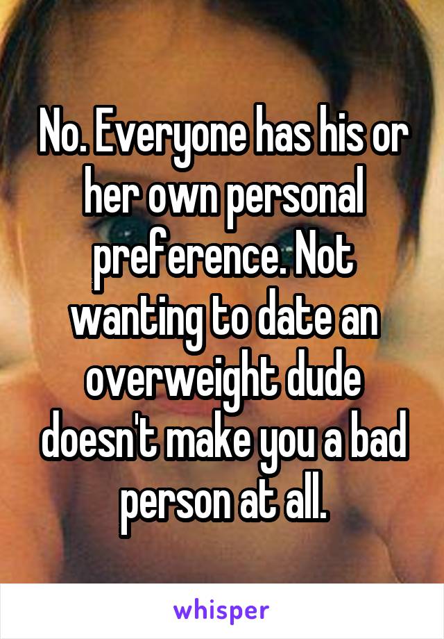 No. Everyone has his or her own personal preference. Not wanting to date an overweight dude doesn't make you a bad person at all.