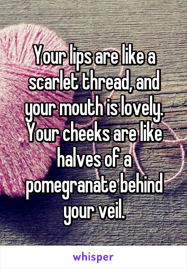 Your lips are like a scarlet thread, and your mouth is lovely. Your cheeks are like halves of a pomegranate behind your veil.
