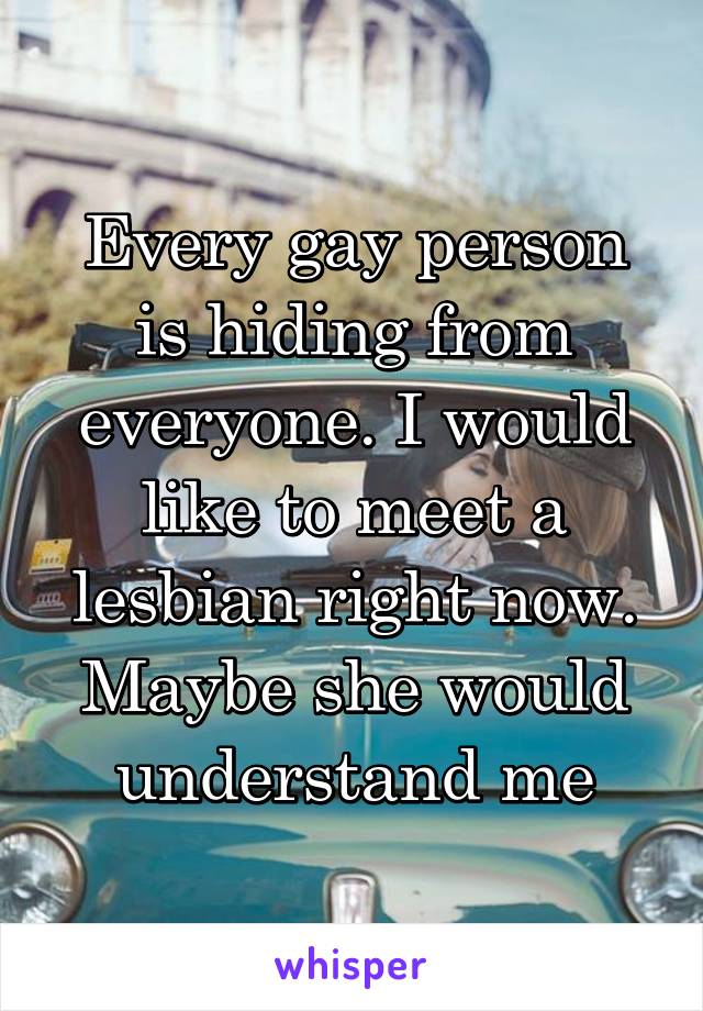 Every gay person is hiding from everyone. I would like to meet a lesbian right now.
Maybe she would understand me