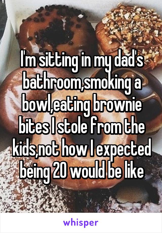 I'm sitting in my dad's bathroom,smoking a bowl,eating brownie bites I stole from the kids,not how I expected being 20 would be like