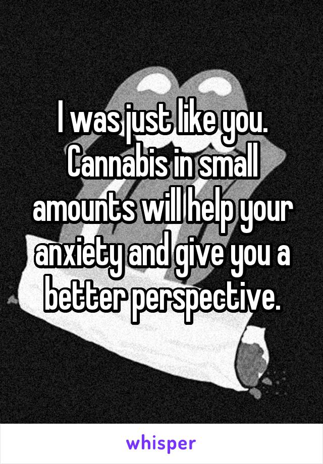 I was just like you.
Cannabis in small amounts will help your anxiety and give you a better perspective.
