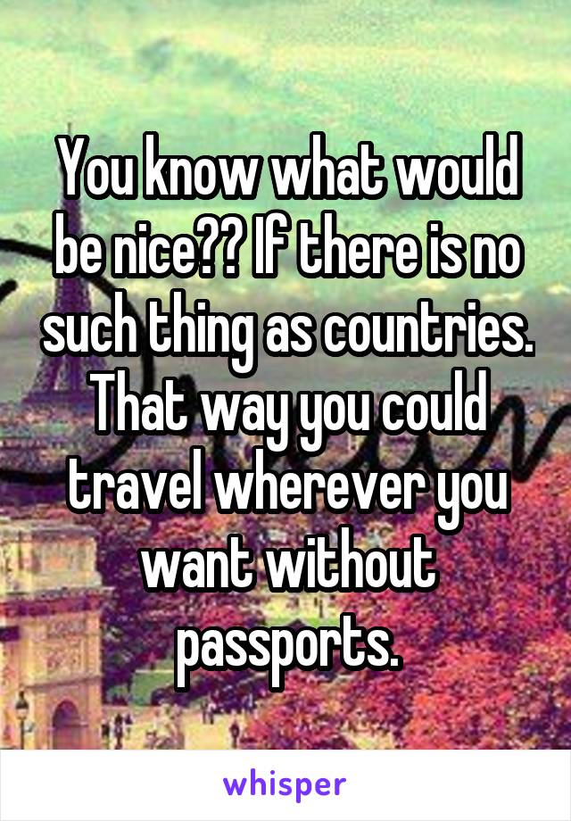 You know what would be nice?? If there is no such thing as countries. That way you could travel wherever you want without passports.