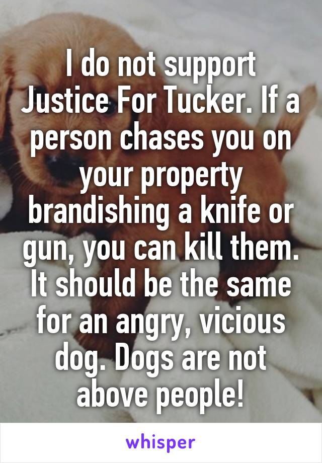 I do not support Justice For Tucker. If a person chases you on your property brandishing a knife or gun, you can kill them. It should be the same for an angry, vicious dog. Dogs are not above people!