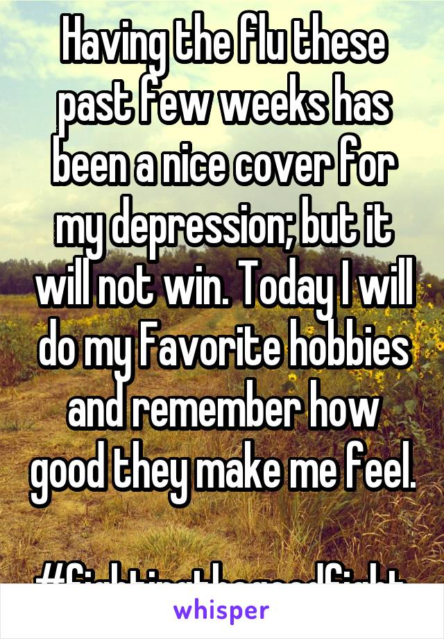 Having the flu these past few weeks has been a nice cover for my depression; but it will not win. Today I will do my Favorite hobbies and remember how good they make me feel. 
#fightingthegoodfight 