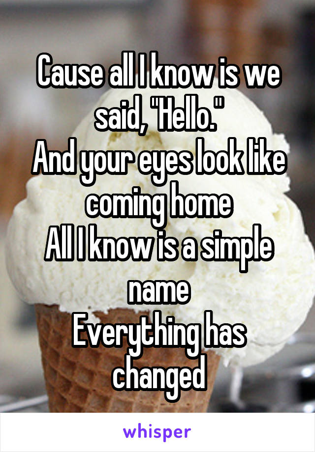 Cause all I know is we said, "Hello."
And your eyes look like coming home
All I know is a simple name
Everything has changed