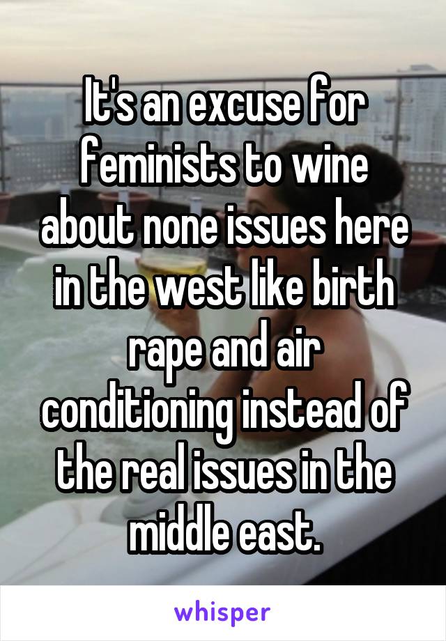 It's an excuse for feminists to wine about none issues here in the west like birth rape and air conditioning instead of the real issues in the middle east.