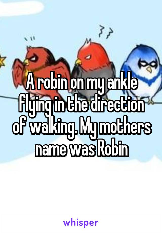 A robin on my ankle flying in the direction of walking. My mothers name was Robin