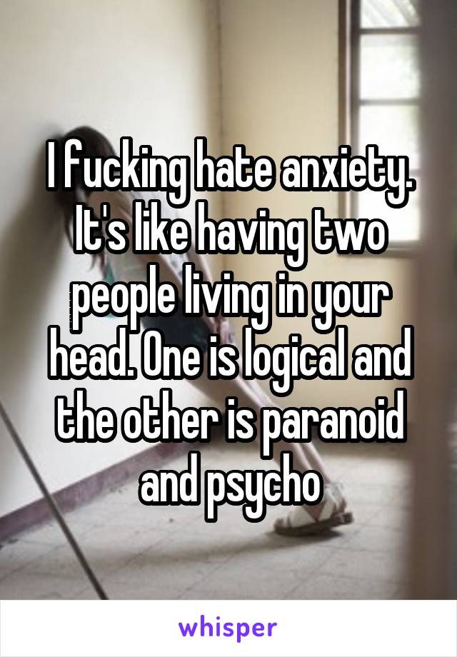 I fucking hate anxiety. It's like having two people living in your head. One is logical and the other is paranoid and psycho