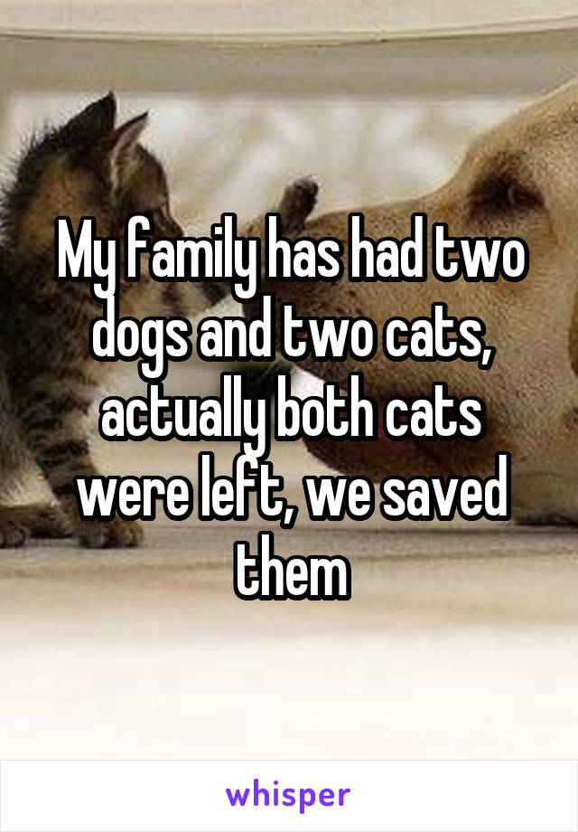 My family has had two dogs and two cats, actually both cats were left, we saved them