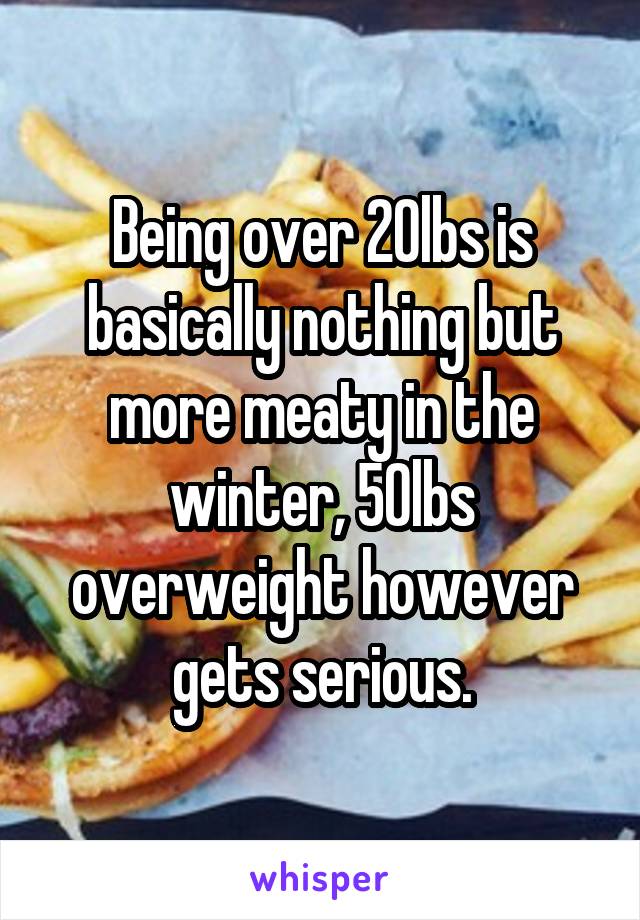 Being over 20lbs is basically nothing but more meaty in the winter, 50lbs overweight however gets serious.