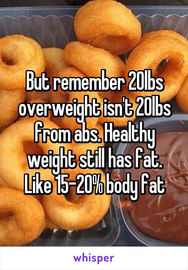 But remember 20lbs overweight isn't 20lbs from abs. Healthy weight still has fat. Like 15-20% body fat