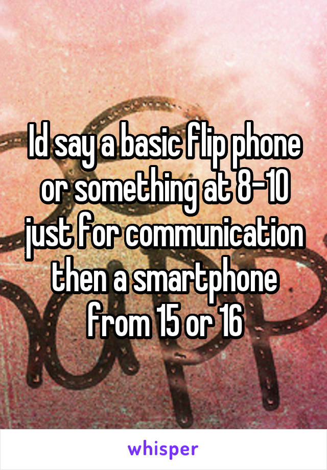 Id say a basic flip phone or something at 8-10 just for communication then a smartphone from 15 or 16