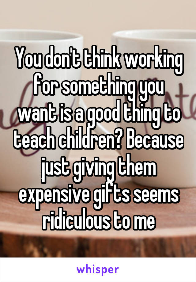 You don't think working for something you want is a good thing to teach children? Because just giving them expensive gifts seems ridiculous to me