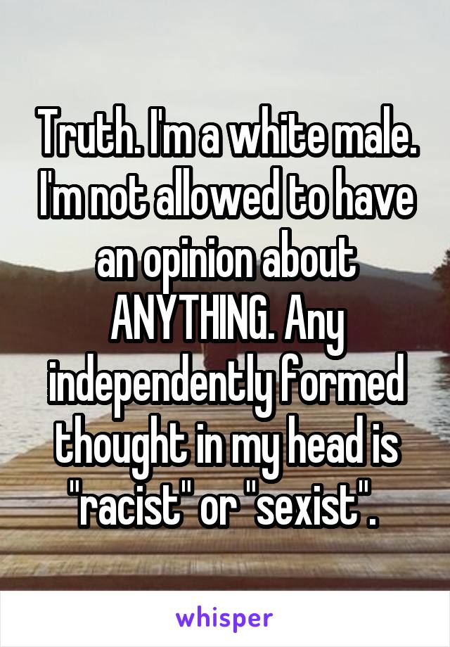 Truth. I'm a white male. I'm not allowed to have an opinion about ANYTHING. Any independently formed thought in my head is "racist" or "sexist". 