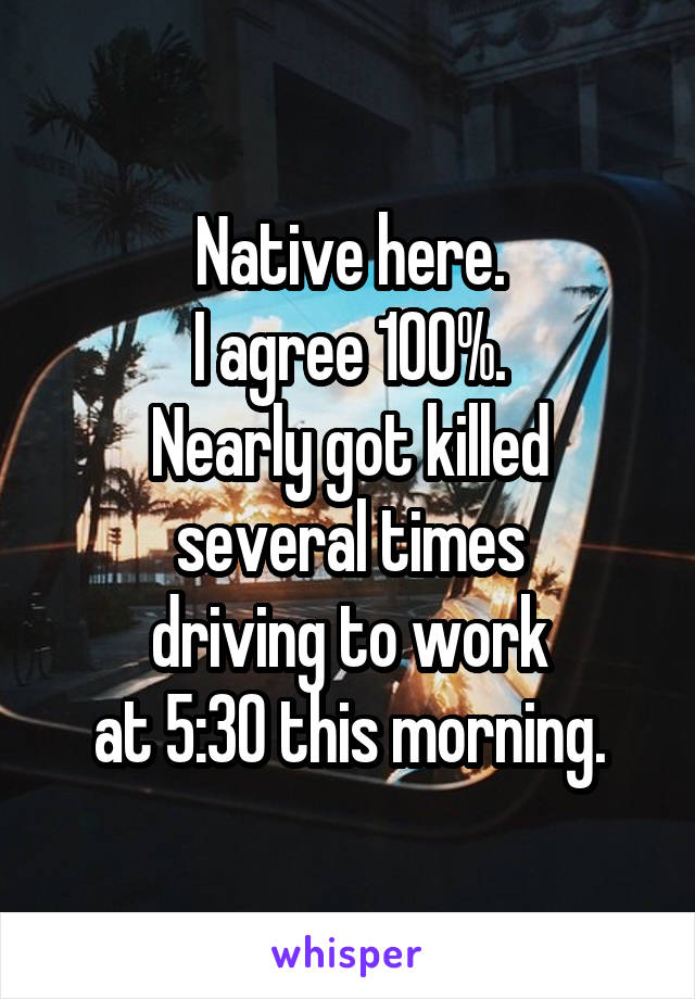 Native here.
I agree 100%.
Nearly got killed several times
driving to work
at 5:30 this morning.