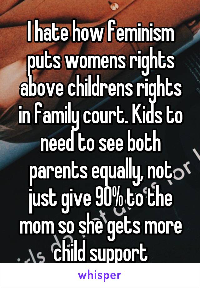 I hate how feminism puts womens rights above childrens rights in family court. Kids to need to see both parents equally, not just give 90% to the mom so she gets more child support