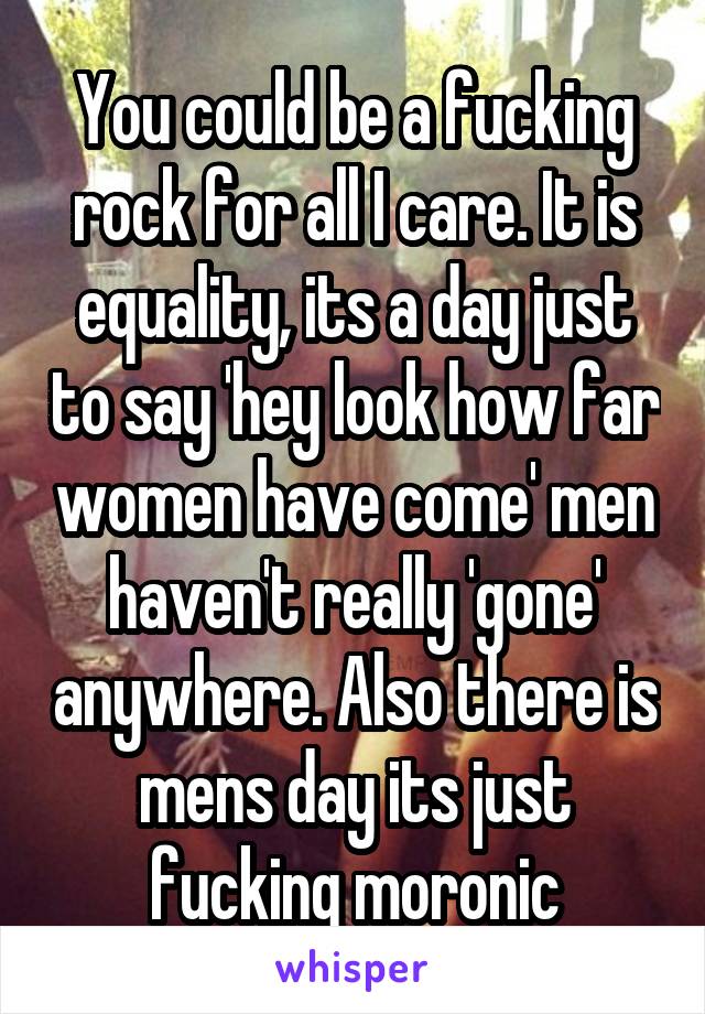 You could be a fucking rock for all I care. It is equality, its a day just to say 'hey look how far women have come' men haven't really 'gone' anywhere. Also there is mens day its just fucking moronic