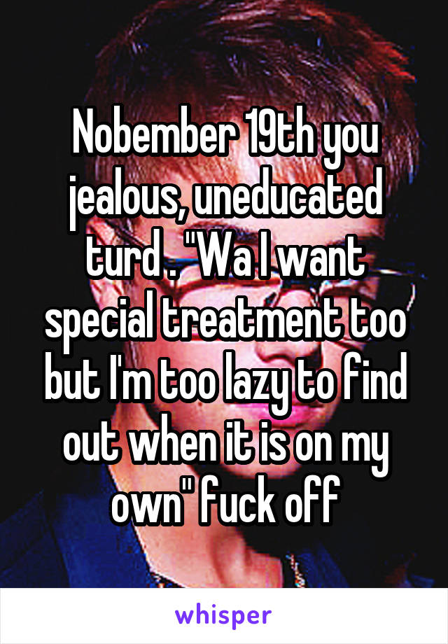 Nobember 19th you jealous, uneducated turd . "Wa I want special treatment too but I'm too lazy to find out when it is on my own" fuck off