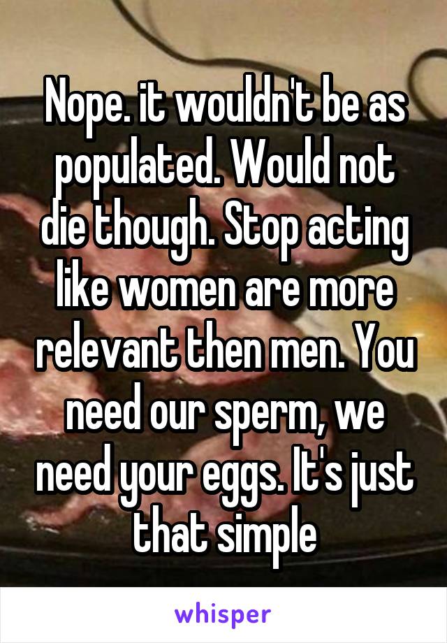 Nope. it wouldn't be as populated. Would not die though. Stop acting like women are more relevant then men. You need our sperm, we need your eggs. It's just that simple