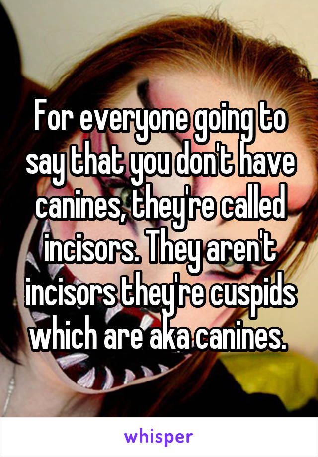 For everyone going to say that you don't have canines, they're called incisors. They aren't incisors they're cuspids which are aka canines. 