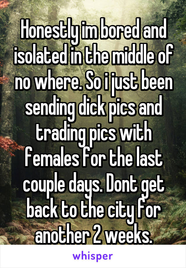 Honestly im bored and isolated in the middle of no where. So i just been sending dick pics and trading pics with females for the last couple days. Dont get back to the city for another 2 weeks.