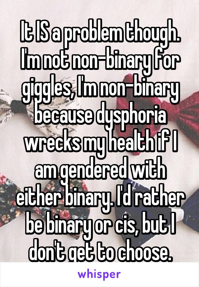 It IS a problem though. I'm not non-binary for giggles, I'm non-binary because dysphoria wrecks my health if I am gendered with either binary. I'd rather be binary or cis, but I don't get to choose.