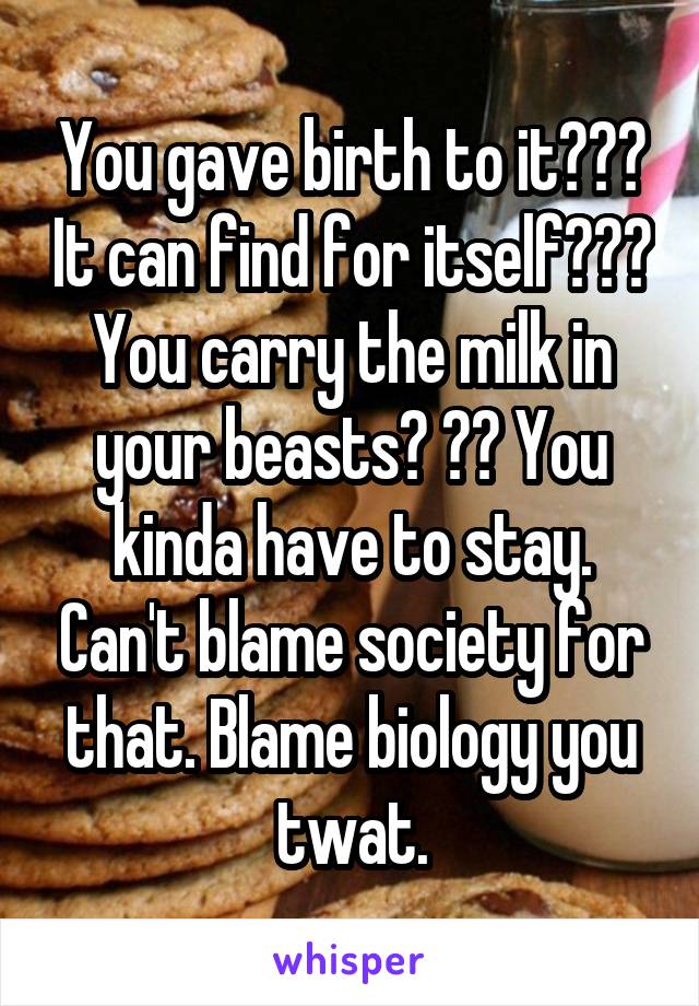 You gave birth to it??? It can find for itself??? You carry the milk in your beasts? ?? You kinda have to stay. Can't blame society for that. Blame biology you twat.