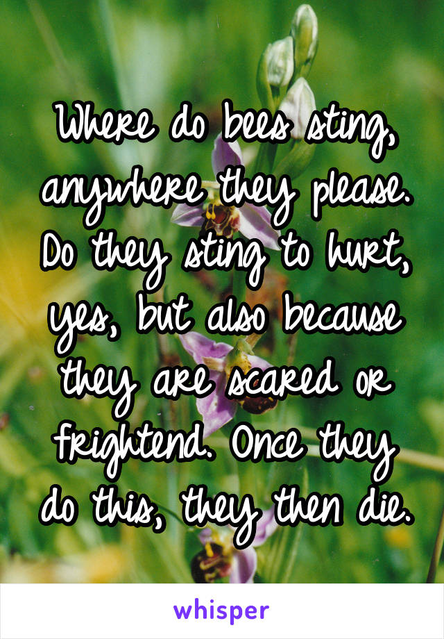 Where do bees sting, anywhere they please. Do they sting to hurt, yes, but also because they are scared or frightend. Once they do this, they then die.