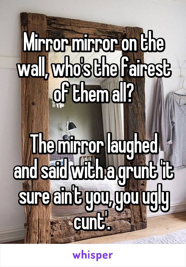 Mirror mirror on the wall, who's the fairest of them all?

The mirror laughed and said with a grunt 'it sure ain't you, you ugly cunt'. 