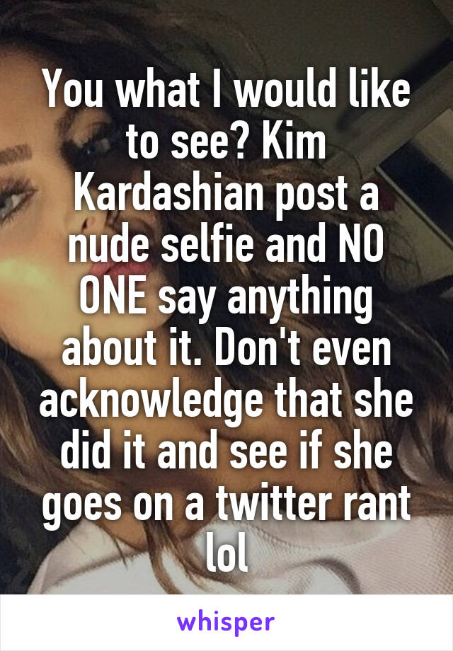 You what I would like to see? Kim Kardashian post a nude selfie and NO ONE say anything about it. Don't even acknowledge that she did it and see if she goes on a twitter rant lol