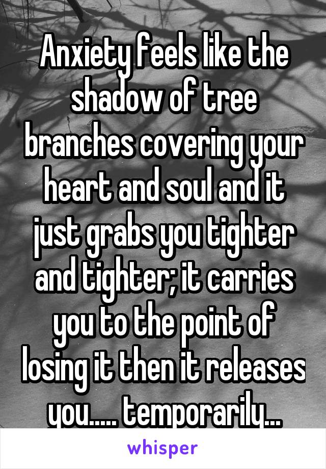 Anxiety feels like the shadow of tree branches covering your heart and soul and it just grabs you tighter and tighter; it carries you to the point of losing it then it releases you..... temporarily...