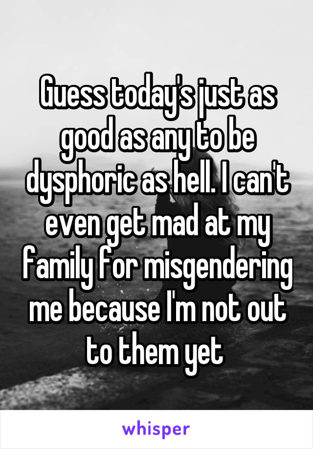 Guess today's just as good as any to be dysphoric as hell. I can't even get mad at my family for misgendering me because I'm not out to them yet 