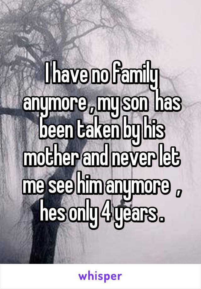 I have no family anymore , my son  has been taken by his mother and never let me see him anymore  , hes only 4 years .