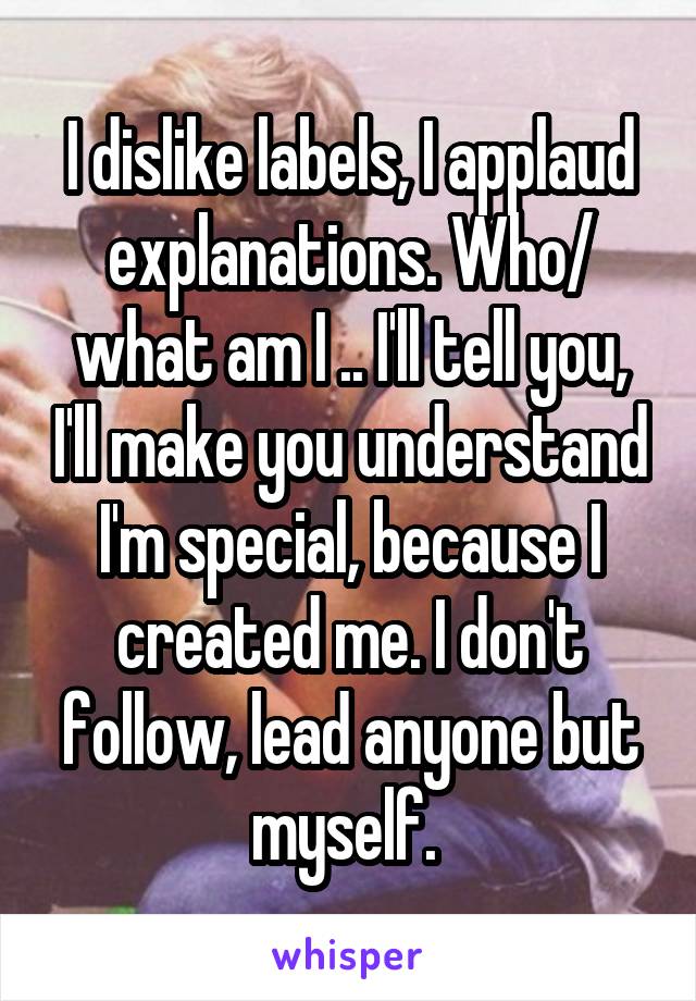 I dislike labels, I applaud explanations. Who/ what am I .. I'll tell you, I'll make you understand I'm special, because I created me. I don't follow, lead anyone but myself. 