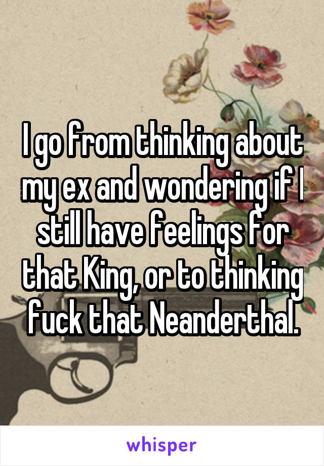 I go from thinking about my ex and wondering if I still have feelings for that King, or to thinking fuck that Neanderthal.