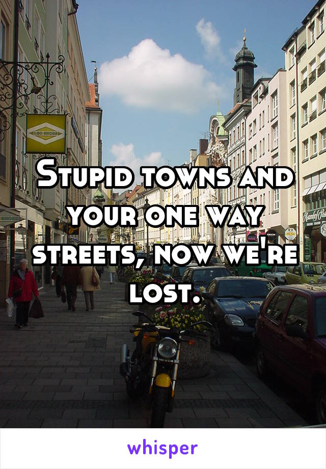 Stupid towns and your one way streets, now we're lost.