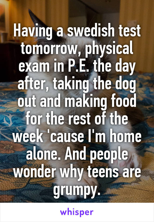 Having a swedish test tomorrow, physical exam in P.E. the day after, taking the dog out and making food for the rest of the week 'cause I'm home alone. And people wonder why teens are grumpy.