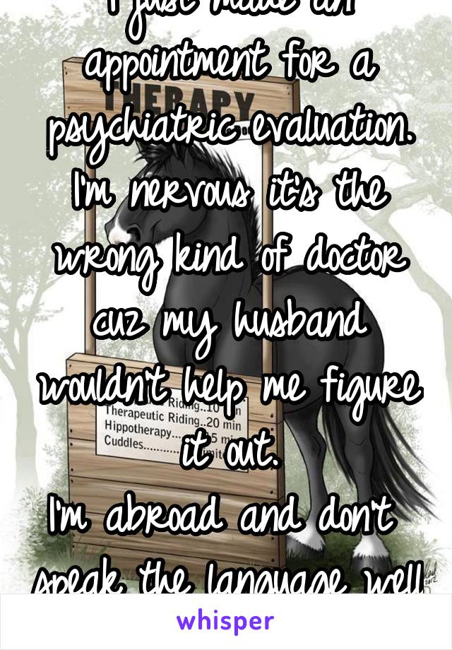 I just made an appointment for a psychiatric evaluation. I'm nervous it's the wrong kind of doctor cuz my husband wouldn't help me figure it out.
I'm abroad and don't  speak the language well  enough.