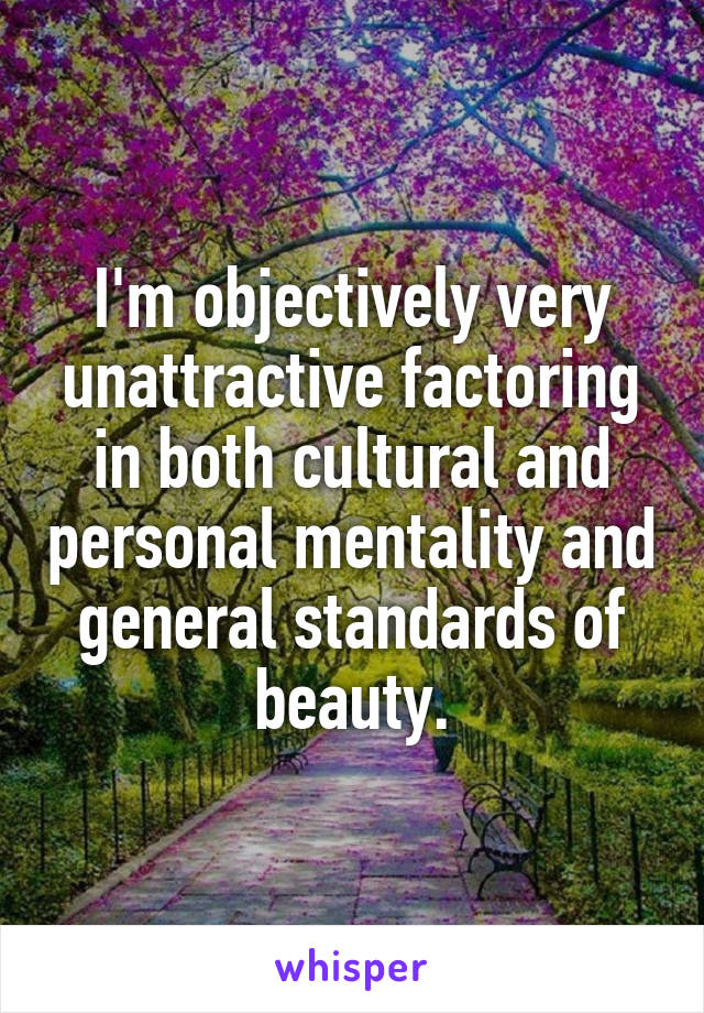 I'm objectively very unattractive factoring in both cultural and personal mentality and general standards of beauty.