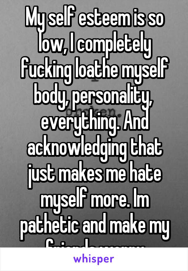 My self esteem is so low, I completely fucking loathe myself body, personality,  everything. And acknowledging that just makes me hate myself more. Im pathetic and make my friends worry