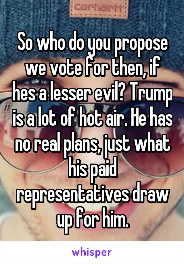 So who do you propose we vote for then, if hes a lesser evil? Trump is a lot of hot air. He has no real plans, just what his paid representatives draw up for him.