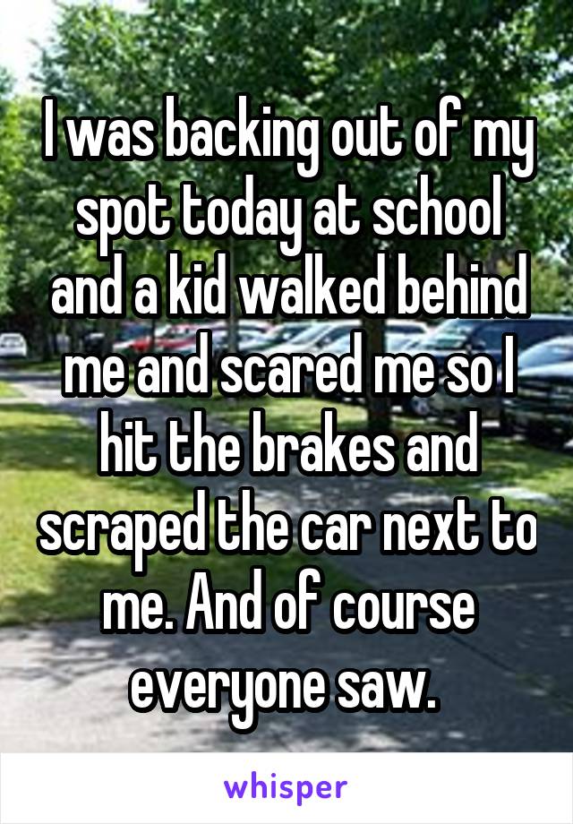 I was backing out of my spot today at school and a kid walked behind me and scared me so I hit the brakes and scraped the car next to me. And of course everyone saw. 