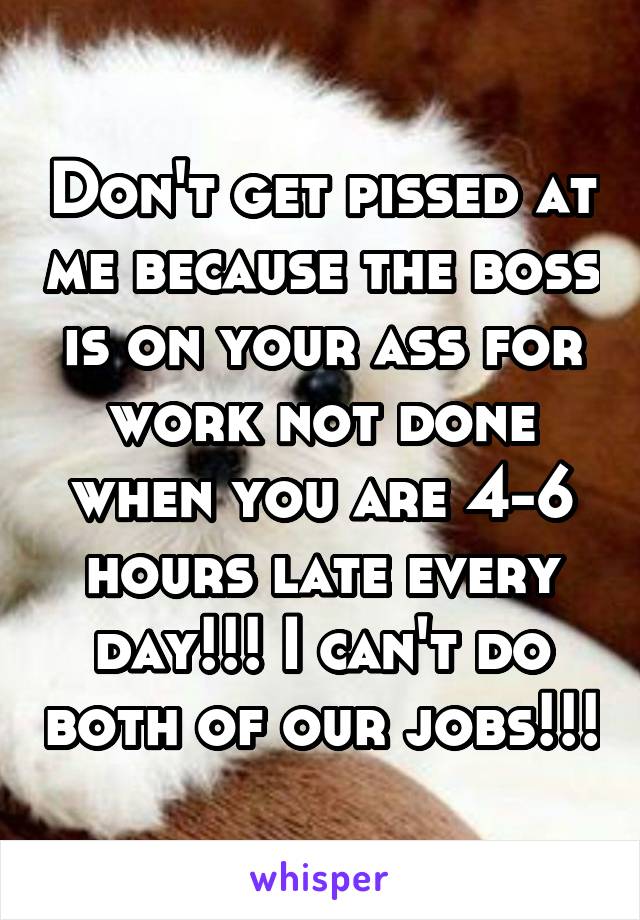 Don't get pissed at me because the boss is on your ass for work not done when you are 4-6 hours late every day!!! I can't do both of our jobs!!!