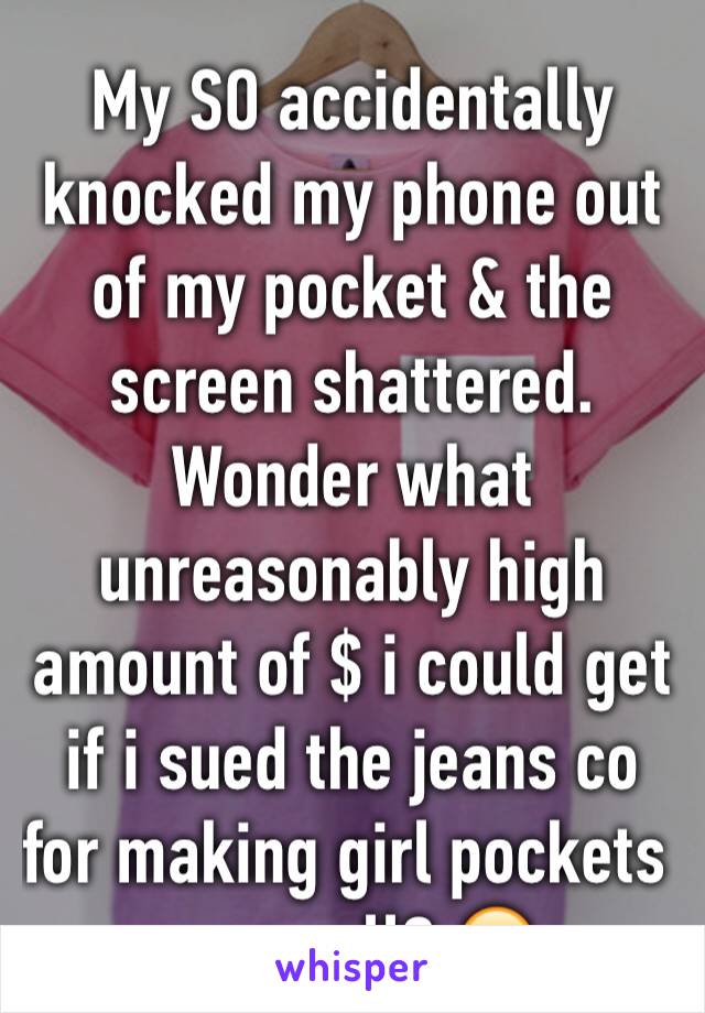 My SO accidentally knocked my phone out of my pocket & the screen shattered. Wonder what unreasonably high amount of $ i could get if i sued the jeans co for making girl pockets so small? 😂