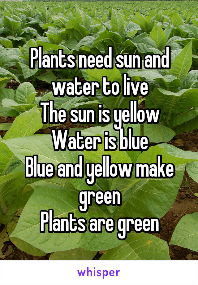 Plants need sun and water to live
The sun is yellow
Water is blue
Blue and yellow make green
Plants are green