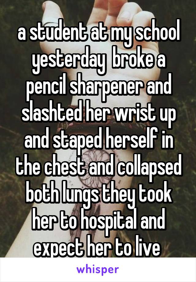 a student at my school yesterday  broke a pencil sharpener and slashted her wrist up and staped herself in the chest and collapsed both lungs they took her to hospital and expect her to live 