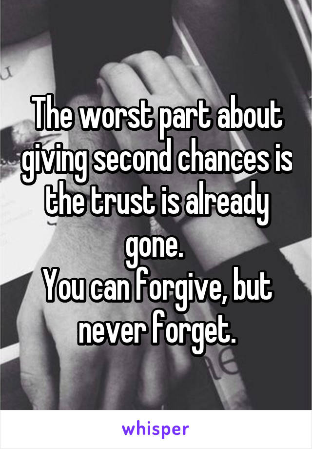 The worst part about giving second chances is the trust is already gone. 
You can forgive, but never forget.