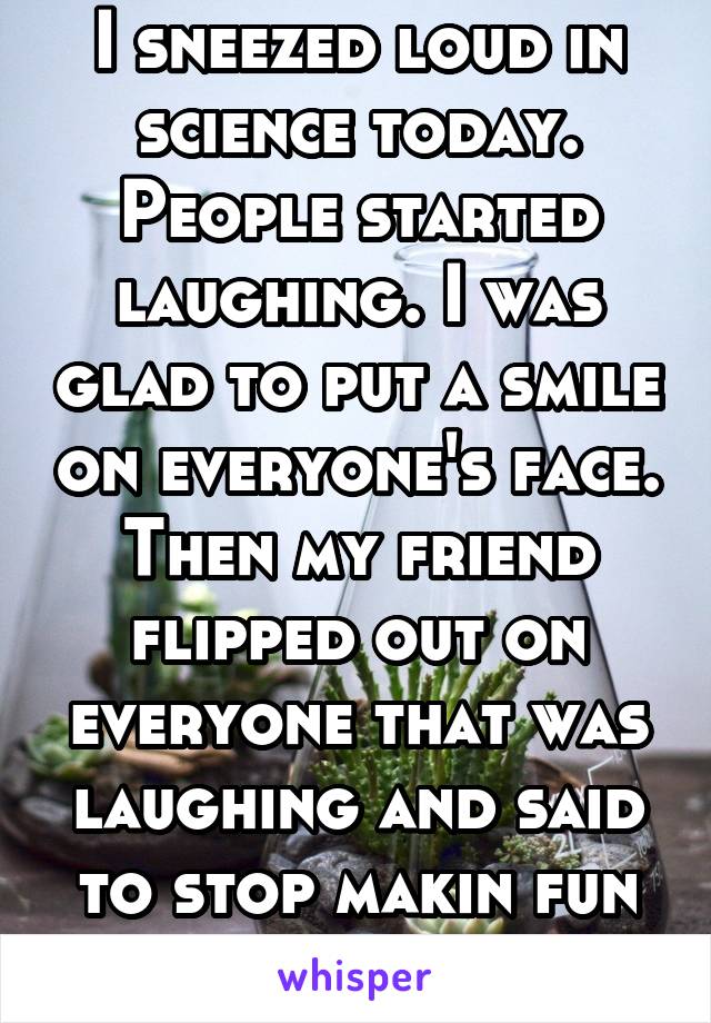 I sneezed loud in science today. People started laughing. I was glad to put a smile on everyone's face. Then my friend flipped out on everyone that was laughing and said to stop makin fun of me. #hide